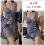 Guiruo Brand Silk Smooth Satin Combination Yarn Perspective Lace and Chest Cushion Sexy Open Back Sleeping Dress Outrobe Set J3179