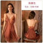 Guiruo Brand's New European and American Women's Sexy Hanging Strap Deep V Satin Nightwear Solid Lace Nightwear Homewear 267