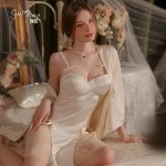 Guiruo satin low cut V-neck with chest pad and lace seductive backless women's suspender nightgown loose robe set 3381