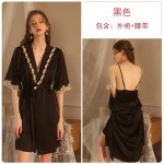 Guiruo brand solid color pajamas with slit, sexy private room suspender dress, lace embroidery cardigan, home clothing set 991