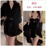 Guiruo Velvet Low Chest V-Neck with Chest Pads Gathered and Collared, Perspective Lace Sleeping Dress, Outer Robe, Home Suit Set 2953