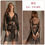 Guiruo Brand Love Europe and America Sexy Lace Solid Color Perspective Deep V Three Point Passion Lace Up Outrobe Home Fur Set