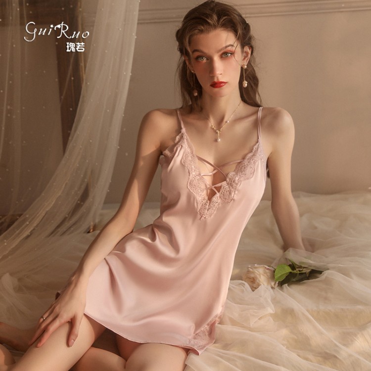 Guiruo Sexy Sleeping Dress Autumn/Winter V-neck Lace Strap Open Back Satin Solid Color Sleeping Dress Home Suit Set 6070