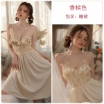 Guiruo Satin Lace Perspective Low cut V-neck with Chest Cushion Sexy Open Back Waist Sleeping Dress Outer Robe Home Suit 3130