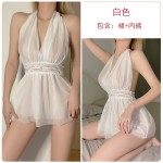 Guiruo Deep V Pleated Open Back Design Perspective Double Layer Mesh Skirt Sexy Hanging Neck Sleeping Dress Home Suit 630