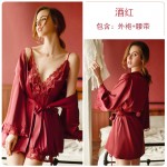 Guiruo Brand Sexy Lace Perspective Temptation Deep V Solid Color Suspended Sleeping Dress Lace up Outer Robe Women's Home Furnishing Set