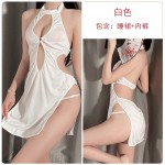 Guiruo Fun Underwear Passionate No Take Off Solid Vintage Qipao Hollow out Temptation Sling Neck Hanging Uniform Set 1749