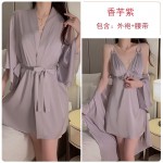 Guiruo Satin Lace Perspective Deep V Drawstring Waist Waist Slim Slim Hanging Strap Sleeping Dress Outer Robe Women's Home Set 3210