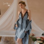 Guiruo Sexy Backless Temptation Pajamas Ice Silk Sling Sleeping Dress Outer Robe Simple Women's Home Fur Set 19151