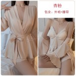 Guiruo Summer New Ice Silk Three Piece Set with Chest Pads Gathered Pajamas, Ruffle Edge Outer Robe, Homewear Set 3555