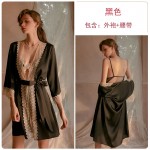 Guiruo Sexy Pajamas Women's Thin Lace Solid Color Hanging Pajama Dress Lace Bathrobe Pajama Home Suit Set 1487