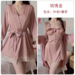 Guiruo Satin Combination Yarn Perspective Lace and Chest Cushion Low Chest Gathering Sleeping Dress Outer Robe Women's Home Furnishing Set 2227