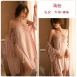 Guiruo Brand Sexy Deep V Satin Lace Pajamas with Open Back Lace Straps, Sleeping Skirts, Outskirts, Homewear Set 542