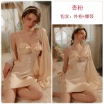 Guiruo Sexy Deep V with Chest Cushion Hollow Through Yarn Attractive Gathering Sleeping Skirt Simple Outer Robe Home Women's Set P3143