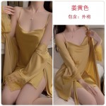 Guiruo Sexy Backless Temptation Ice Silk Pajamas Simple Sling Sleeping Dress Lace up Outer Robe Women's Home Furnishing Set 1910