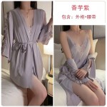 Guiruo Autumn French Sexy Lace Deep V Pajamas Ice Silk Sling Sleeping Dress Outrobe Women's Home Fur Set 1906