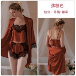 Guiruo Summer Sexy Ice Silk Splice Lace Suspender Top Shorts Outer Robe Women's Home Suit Set 19072