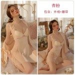 Guiruo Sexy Sweet Deep V Chest Cushion Steel Ring Gathering Satin Mesh Perspective Backless Home Sleeping Dress Set P3119