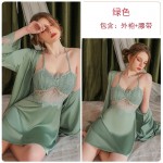 Guiruo Sexy Plus Chest Cushion Gathered Open Back Suspender Sleeping Dress Ice Silk Simple Outer Robe Comfortable Home Suit Set 3124