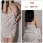 Guiruo Summer Thin Ice Silk Pajamas Women's Sexy Deep V Lace Open Back Pajama Dress Home Suit Set 1216