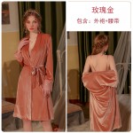 Guiruo Brand Sexy Long Velvet Pajamas Lace Deep V Temptation Sling Skirt Outer Robe Home Fur Set P2856