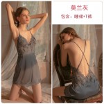 Guiruo Sexy Autumn New Women's Satin Lace Chest Cushion Sleeping Dress Lace up Outer Robe Home Furnishing Set Issued on behalf of 1170