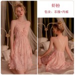 Guiruo Sexy Lace Side Slits Deep V Suspended Sleeping Dress Comfortable Outer Robe Large Women's Home Furnishing Set 311