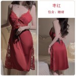 Guiruo Sexy Satin Lace Perspective Cross Back with Chest Cushion Pure Desire Sleeping Dress Outer Robe Home Suit Set 2744