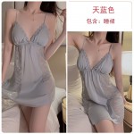 Guiruo Sexy Lace Pajamas with Chest Pads Gathered Open Back Large Suspended Sleeping Dress Outer Robe Home Suit Set 1690