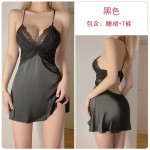 Guiruo Fun Lingerie Women's Sexy Satin Deep V Lace Backless Temptation Sleeping Dress Home Suit Set 700