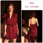 Guiruo Brand European Beauty Sexy Deep V Satin Patch Lace Hanging Dress Lace up Nightgown Home Suit Set 245