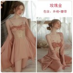 Rose Like Spring and Summer Pure Desire Wind Girls' Pajamas Chest Pads Gathered Ice Silk Sling Sleeping Dress Outer Robe Home Suit Set 3141