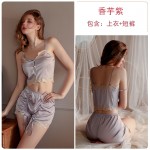 Guiruo Brand Lace Embroidery Pleated Slim Slim Hanging Sleeping Dress Shorts Solid Color Cardigan Women's Home Furnishing Set 1481