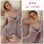 Guiruo Brand Sexy Hollow out Embroidery Mesh Open Back Sleeping Dress Solid Color Robe Women's Home Furnishing Set P3147