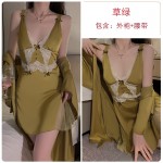 Guiruo Sexy Backless Temptation Ice Silk Pajamas with Chest Pads Gathered Strap Sleeping Skirt Outer Robe Home Suit Set 3171