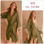 Guiruo Sexy Thin Silk Lace Cardigan Lace up Nightgown Bathrobe Suspended Nightgown Women's Home Suit Set 272