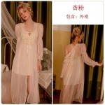 Guiruo Lingerie Sexy Small Split Embroidery Mesh Splice with Chest Cushion Satin Sleeping Dress Outer Robe Home Furnishing P2754