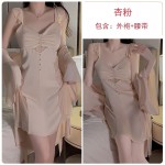 Guiruo satin patchwork lace sheer sexy backless and padded pajama gown women's home set J3123