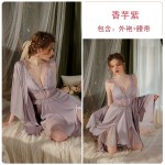 Guiruo Sexy Lace up Hollow Deep V with Chest Pads, Transparent Satin Back Sleeping Dress, Outer Robe, Home Suit Set J3189