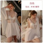 Guiruo Bo Dian Mesh Perspective Attractive Chest Pad Gathers Pure Desire Sling Sleeping Dress Outer Robe Home Suit Set J3134