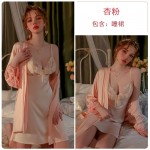 Guiruo Deep V Temptation Backless Lace up Slim Sleepwear Chest Pads Gathered Strap Skirt Outer Robe Home Suit Set J2708