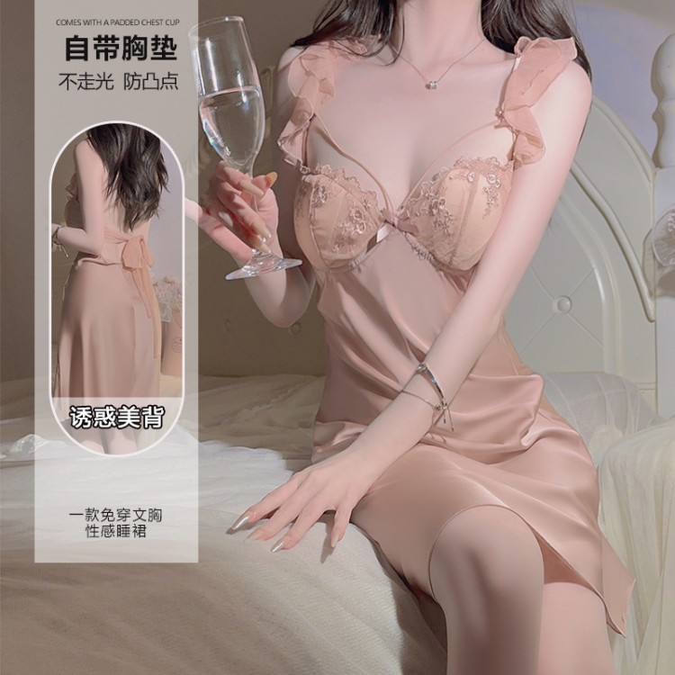 Guiruo Satin Sexy Deep V with Chest Cushion Lace up Open Back Temptation Sleeping Dress Comfortable Outer Robe Home Suit Set J3336