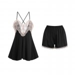 Guiruo Sexy Deep V Satin Lace Sweet Temptation Sling Top Shorts Lace Up Outer Robe Home Set 2196