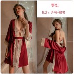 Guiruo Sexy Pajamas Women's Thin Lace Solid Color Hanging Pajama Dress Lace Bathrobe Pajama Home Suit Set 1487