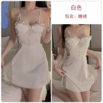 Rose like satin surface with chest pad and ear edge, sweet and seductive lace patchwork nightgown, outer robe, home suit set P3143