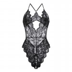 Guiruo Fun Underwear Sexy Deep V Low cut Sexy Lace Perspective One Piece Dress Hollow out Uniform Fury Set 1736