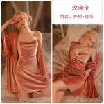 Qiruo Autumn and Winter Sexy Deep V Velvet Suspended Nightgown Solid Color Slim Off Back Pajama Lace Up Outer Robe Set 2822