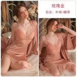 Guiruo Brand Solid Color Embroidery Lace Open Back Chest Cushion Gathered Sleepwear Loose and Comfortable Outer Robe Home Set 3372