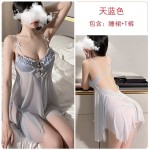 Guiruo Fun Lingerie Solid Color Mesh Perspective Seduction Pajama Chest Cushion Steel Ring Gathering Sling Pajama Dress Set 1333