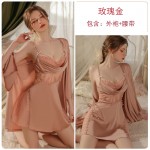 Guiruo Brand Sexy Hollow out Embroidery Mesh Open Back Sleeping Dress Solid Color Robe Women's Home Furnishing Set P3147